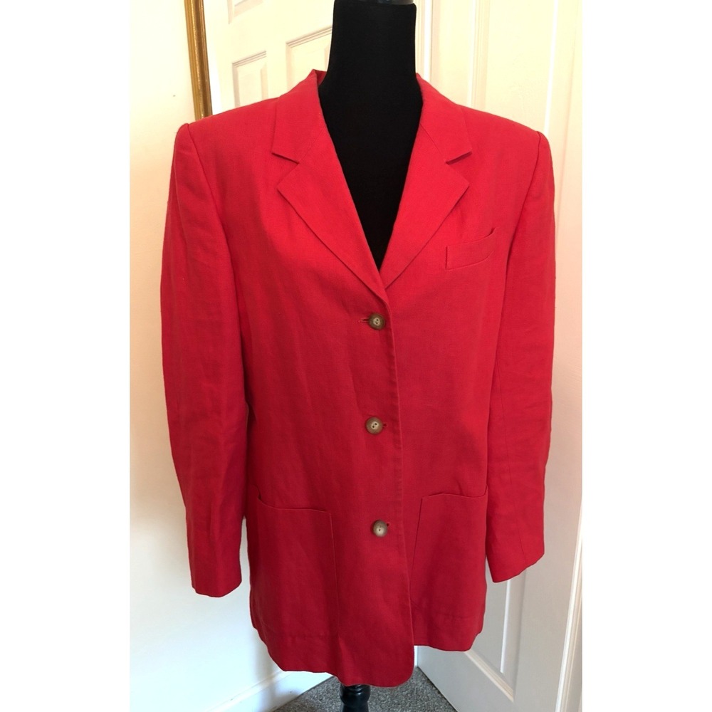 LL BEAN Blazer Jacket midi Womens sz 12 Linen Notch 3 Button Red USA VTG pocket